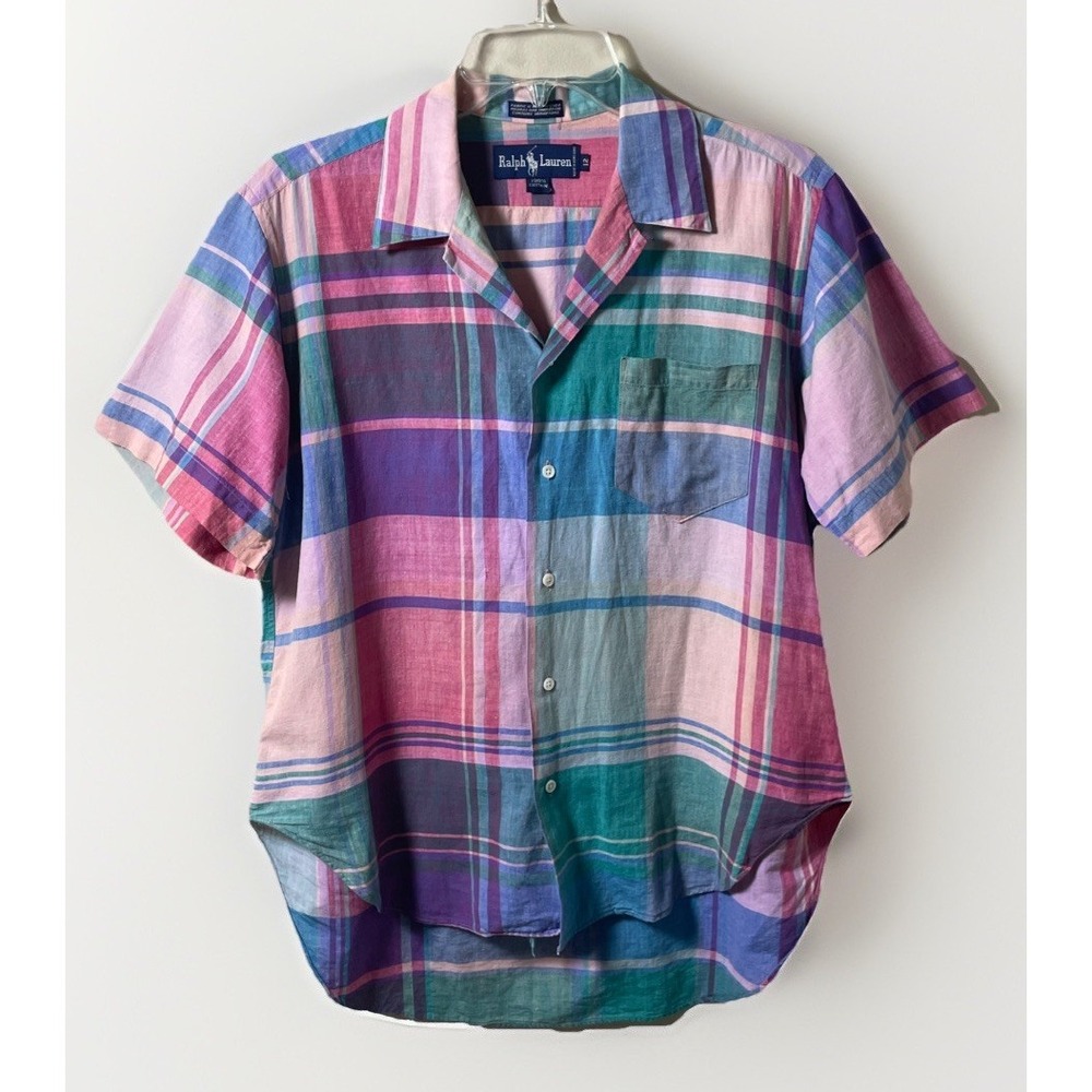 Ralph Lauren Pink, Purple & Green Plaid Short Sleeve Button-Down Shirt